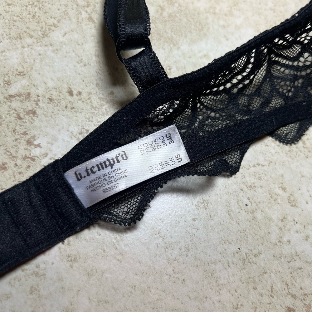 b.Tempted Wacoal Black Lace Bra 34C Floral Underwire Balconette Lined Bow Mesh - Picture 7 of 9